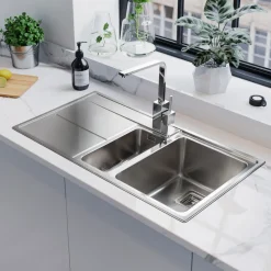 Rangemaster Arlington 1.5 Bowl Brushed Stainless Steel Sink & Waste Kit with Left Hand Drainer - 985 x 508mm