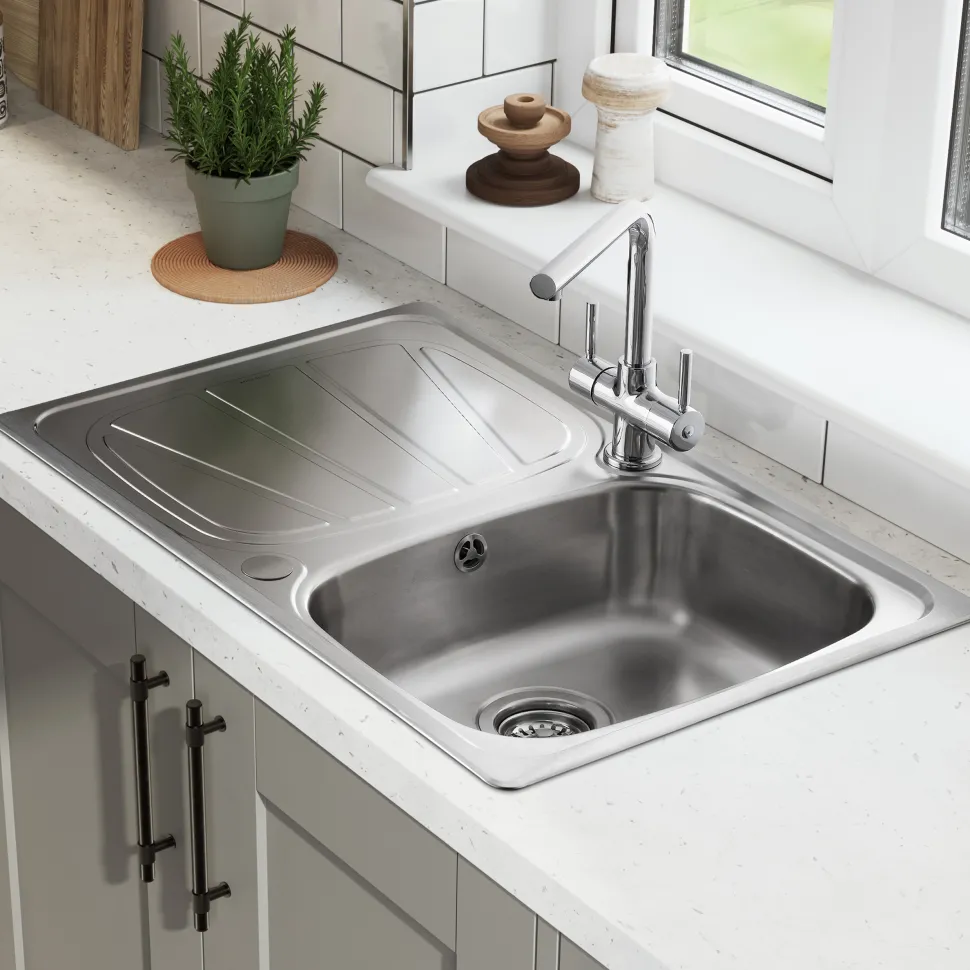 Rangemaster Baltimore Compact 1 Bowl Brushed Stainless Steel sink & Waste Kit with Reversible Drainer - 800 x 508mm