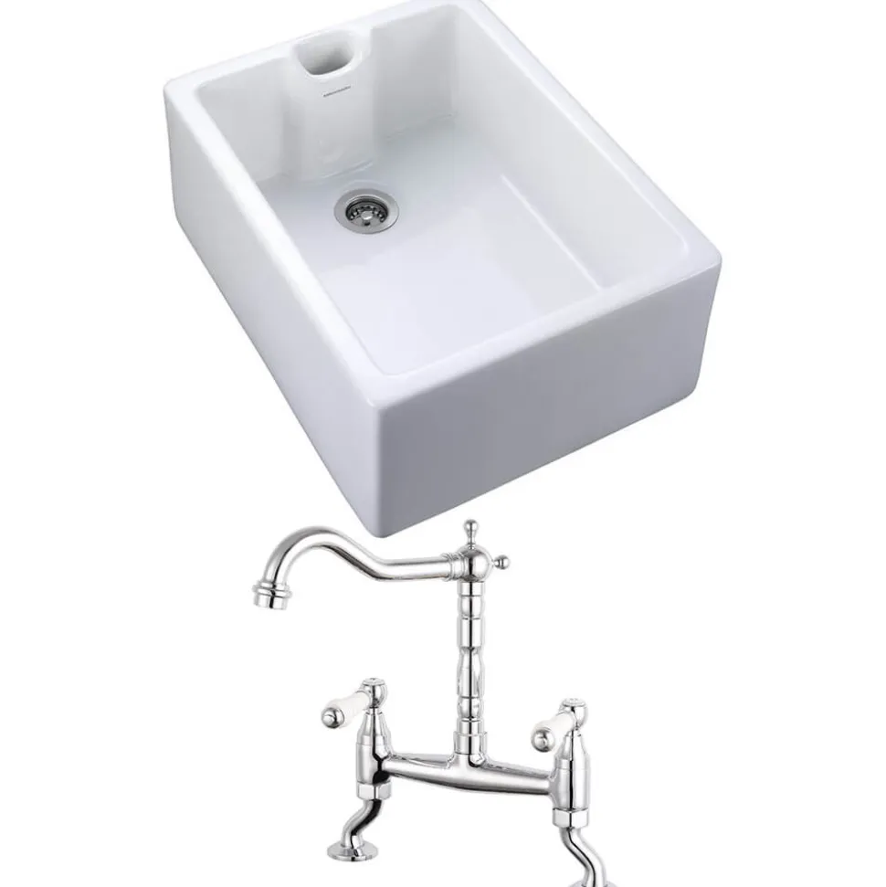 Rangemaster Classic Belfast 1 Bowl White Fireclay Ceramic Sink & Waste and Butler & Rose Carlton Traditional Kitchen Bridge Mixer - Lever Handles