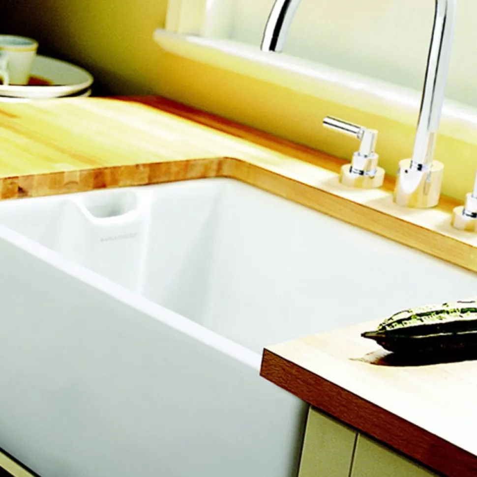 Rangemaster Classic Belfast 1 Bowl White Fireclay Ceramic Sink & Waste and Butler & Rose Carlton Traditional Kitchen Bridge Mixer - Lever Handles