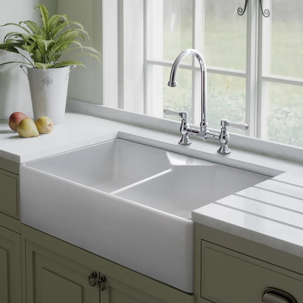 Rangemaster Double Bowl Belfast White Fireclay Ceramic Kitchen Sink & Waste Kit with Overflow - 795 x 491mm