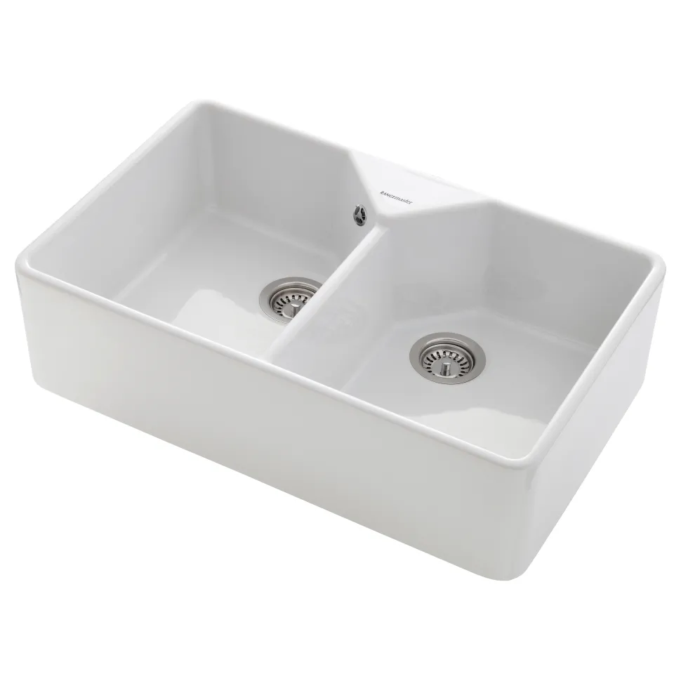 Rangemaster Double Bowl Belfast White Fireclay Ceramic Kitchen Sink & Waste Kit with Overflow - 795 x 491mm