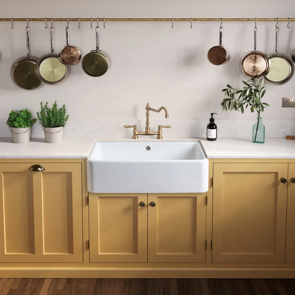 Rangemaster Farmhouse 1 Bowl White Fireclay Ceramic Belfast Sink & Waste Kit - 795 x 460mm