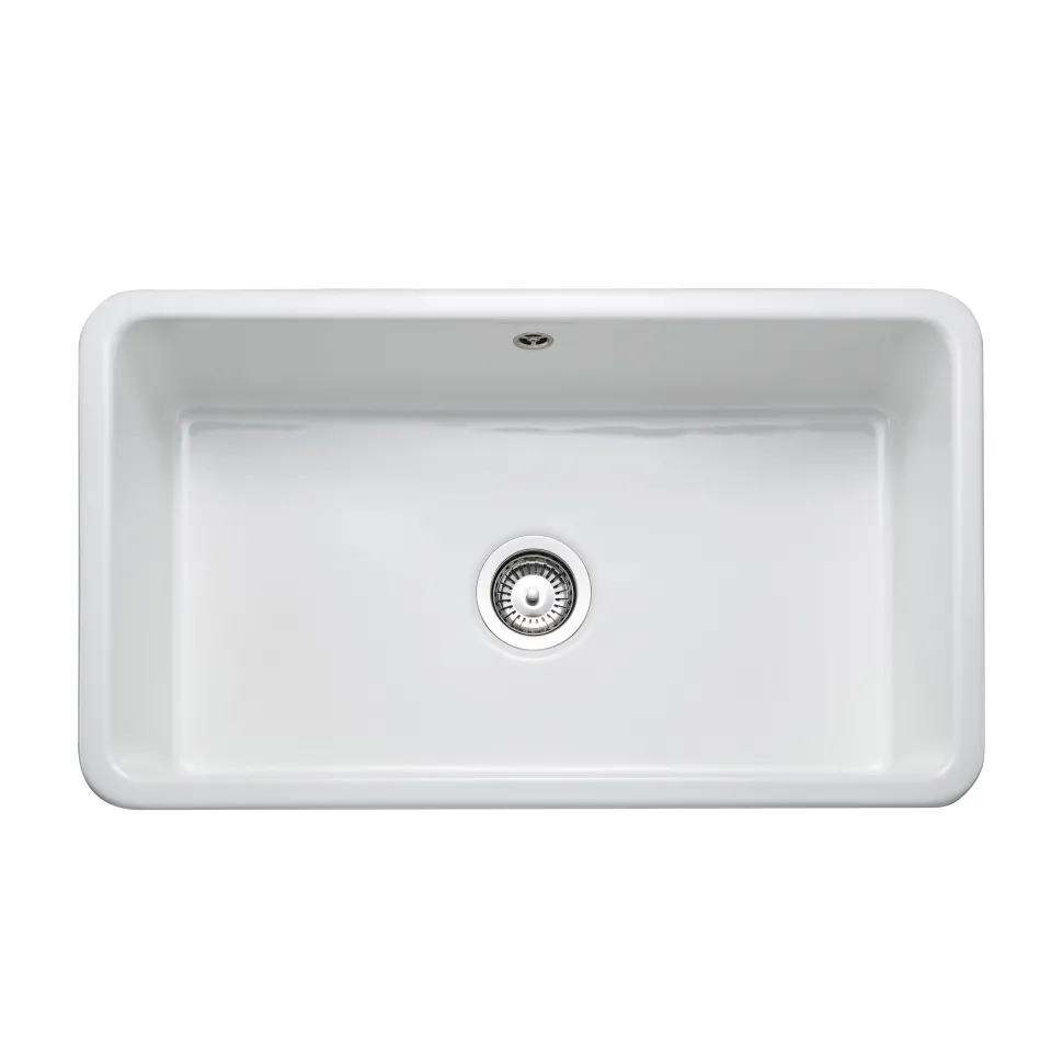 Rangemaster Farmhouse 1 Bowl White Fireclay Ceramic Belfast Sink & Waste Kit - 795 x 460mm