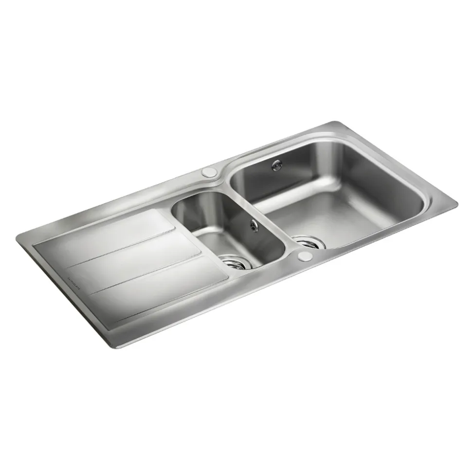 Rangemaster Glendale 1.5 Bowl Brushed Stainless Steel Sink & Waste Kit with Reversible Drainer - 950 x 508mm