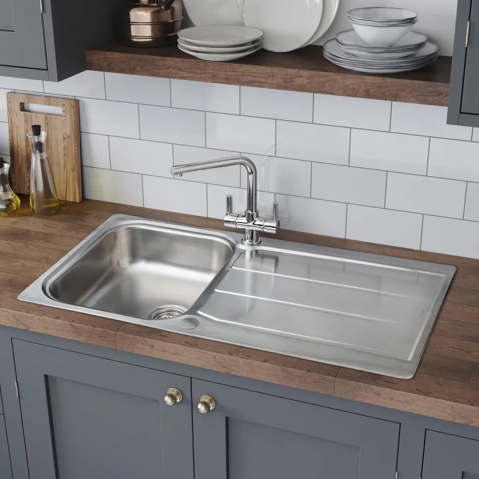 Rangemaster Glendale 1 Bowl Brushed Stainless Steel Sink & Waste Kit with Reversible Drainer - 950 x 508mm