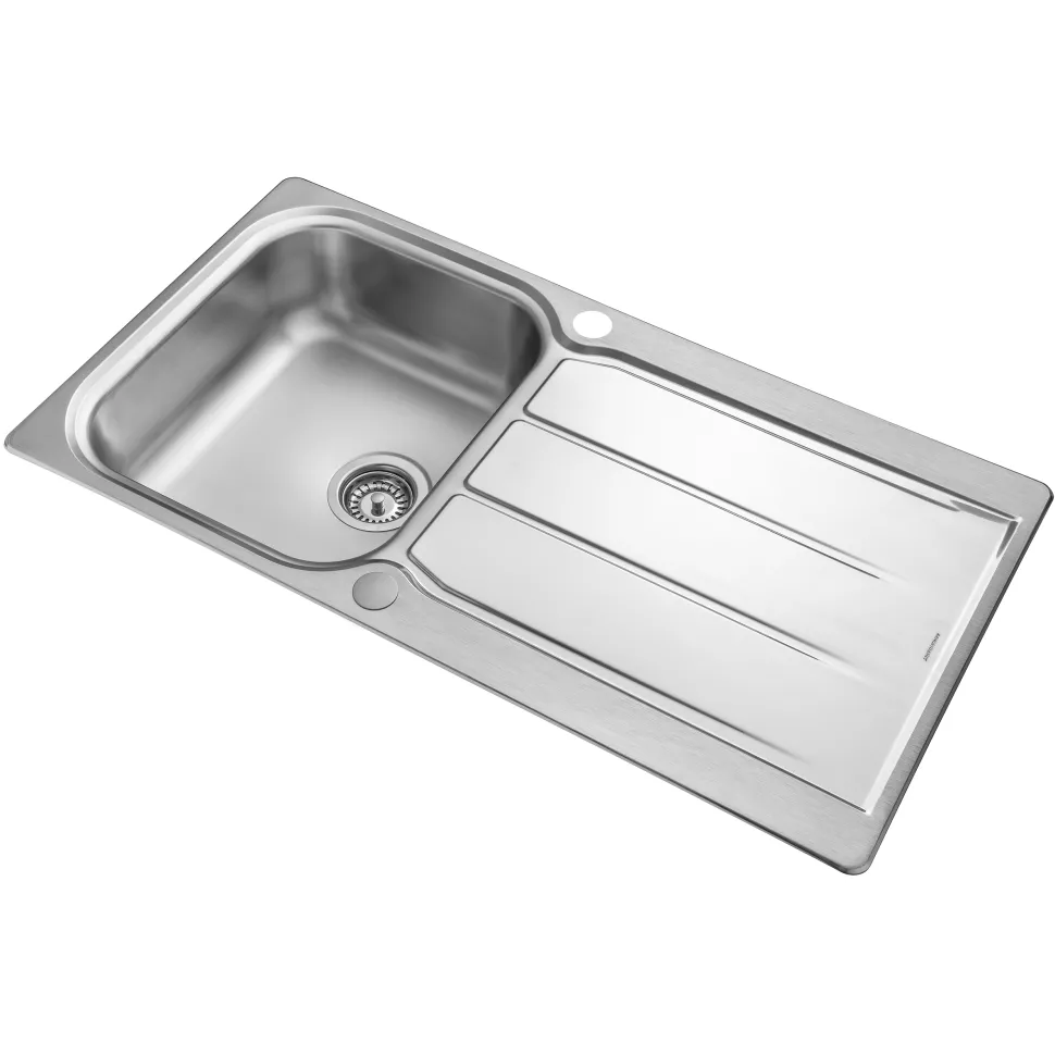 Rangemaster Glendale 1 Bowl Brushed Stainless Steel Sink & Waste Kit with Reversible Drainer - 950 x 508mm