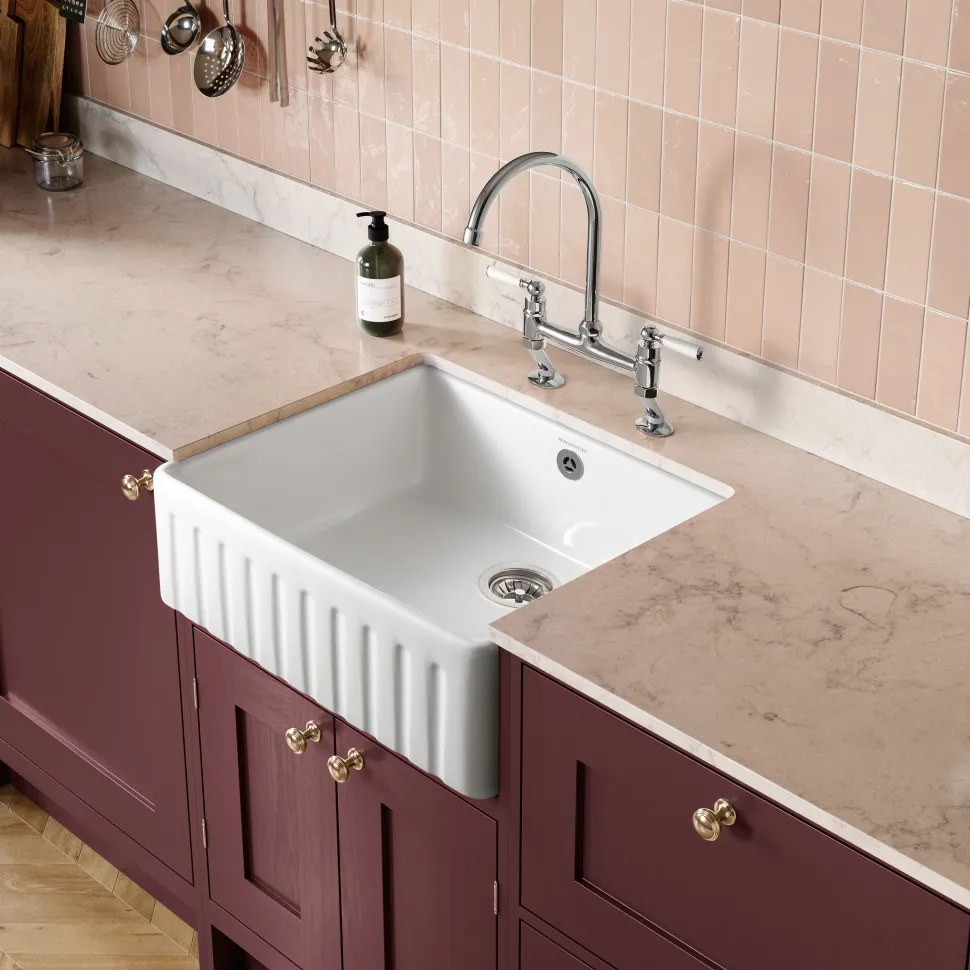 Rangemaster Harmony Fluted 1 Bowl White Fireclay Ceramic Sit On Belfast Sink & Waste Kit - 595 x 450mm
