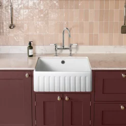 Rangemaster Harmony Fluted 1 Bowl White Fireclay Ceramic Sit On Belfast Sink & Waste Kit - 595 x 450mm