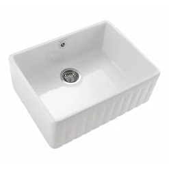 Rangemaster Harmony Fluted 1 Bowl White Fireclay Ceramic Sit On Belfast Sink & Waste Kit - 595 x 450mm