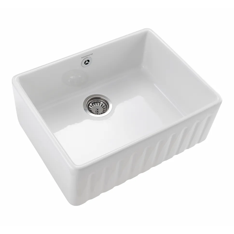 Rangemaster Harmony Fluted 1 Bowl White Fireclay Ceramic Sit On Belfast Sink & Waste Kit - 595 x 450mm