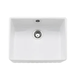 Rangemaster Harmony Fluted 1 Bowl White Fireclay Ceramic Sit On Belfast Sink & Waste Kit - 595 x 450mm