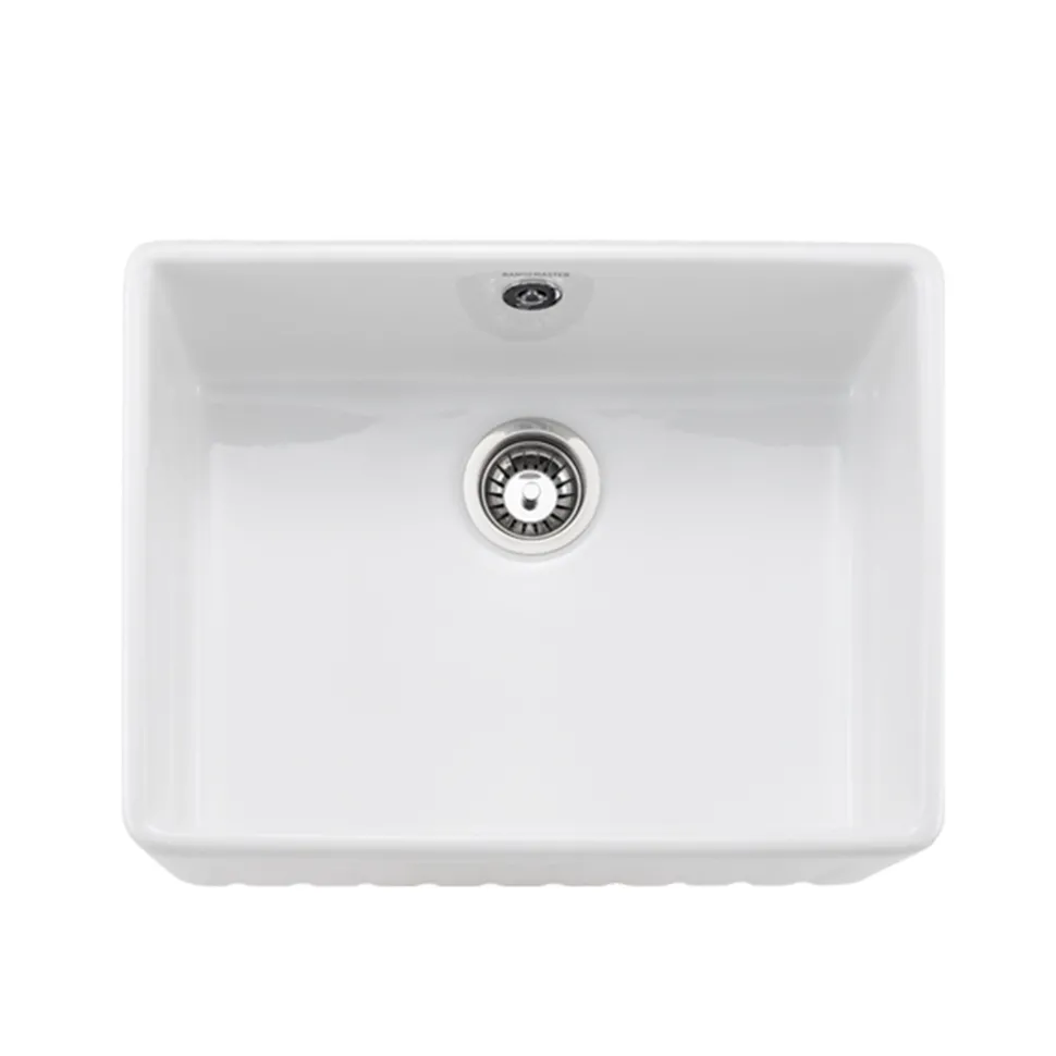 Rangemaster Harmony Fluted 1 Bowl White Fireclay Ceramic Sit On Belfast Sink & Waste Kit - 595 x 450mm