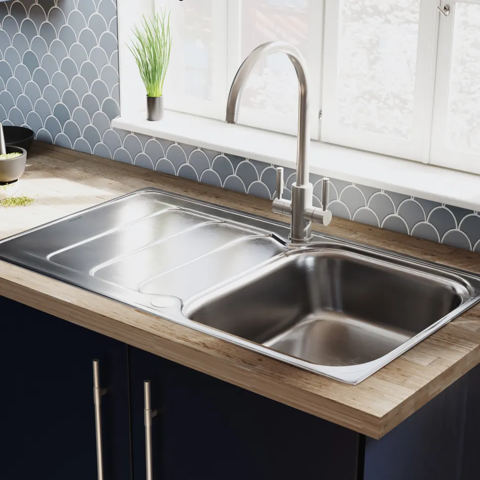 Rangemaster Houston 1 Bowl Stainless Steel Sink & Waste with Reversible Drainer - 985 x 508mm