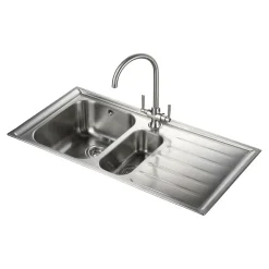 Rangemaster Manhattan 1.5 Bowl Brushed Stainless Steel Sink & Waste Kit with Right Hand Drainer - 1010 x 515mm