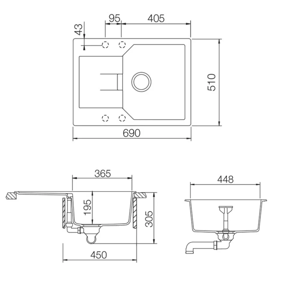 Rangemaster Mayon Ultra Compact 1 Bowl Igneous Granite Kitchen sink & Waste Kit with Reversible Drainer - 690 x 510mm