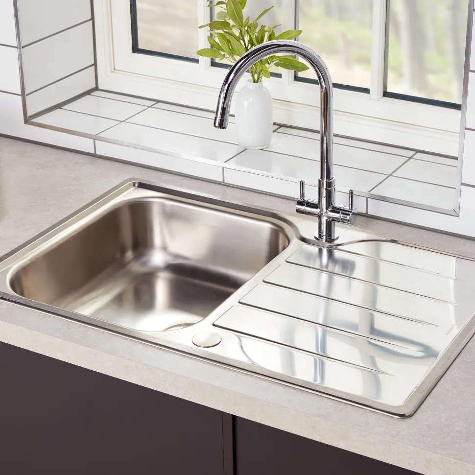 Rangemaster Michigan Compact Single Bowl Brushed Stainless Steel sink & Waste Kit with Reversible Drainer - 800 x 508mm