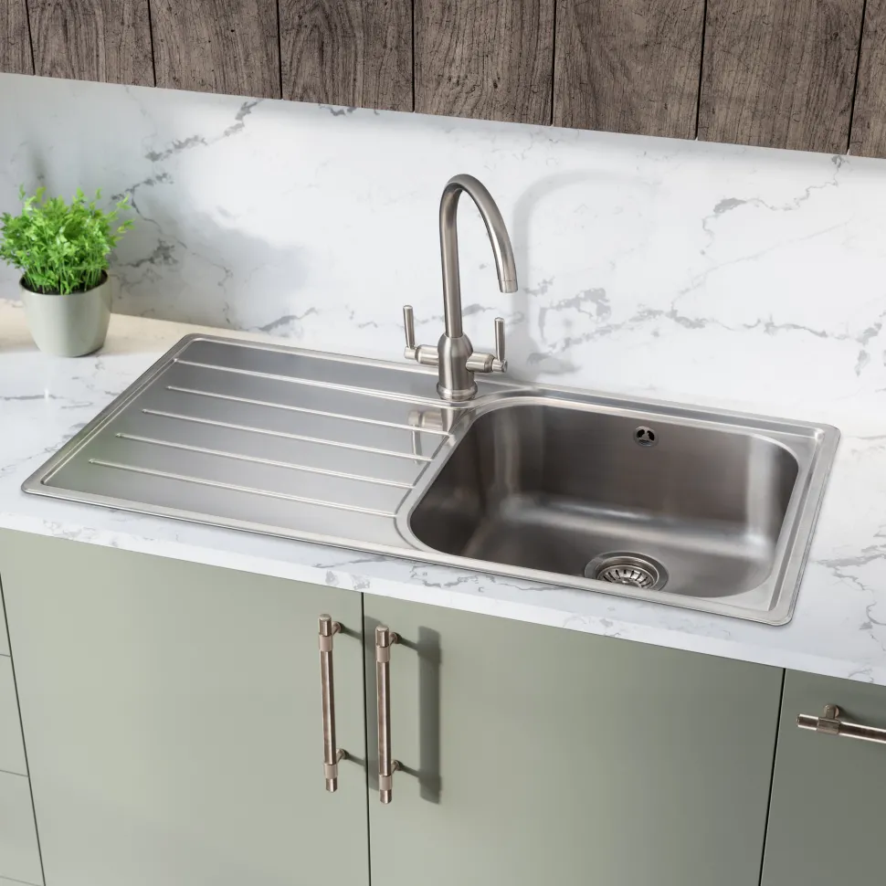 Rangemaster Oakland 1 Bowl Brushed Stainless Steel Sink & Waste Kit with Left Hand Drainer - 985 x 508mm