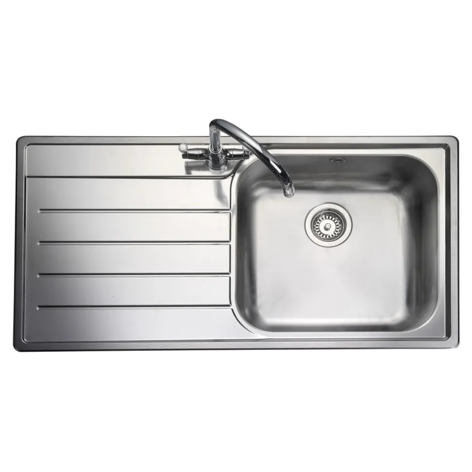 Rangemaster Oakland 1 Bowl Brushed Stainless Steel Sink & Waste Kit with Left Hand Drainer - 985 x 508mm
