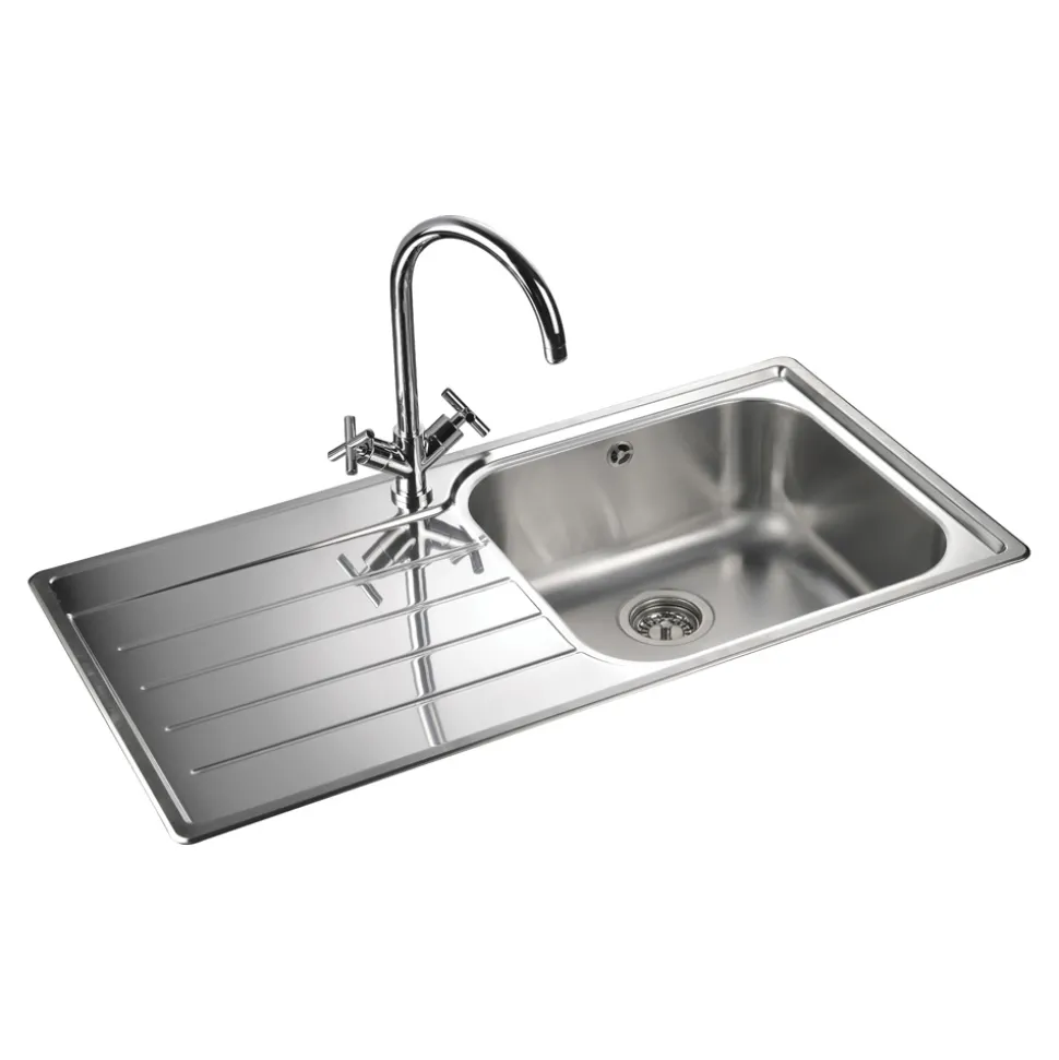 Rangemaster Oakland 1 Bowl Brushed Stainless Steel Sink & Waste Kit with Left Hand Drainer - 985 x 508mm