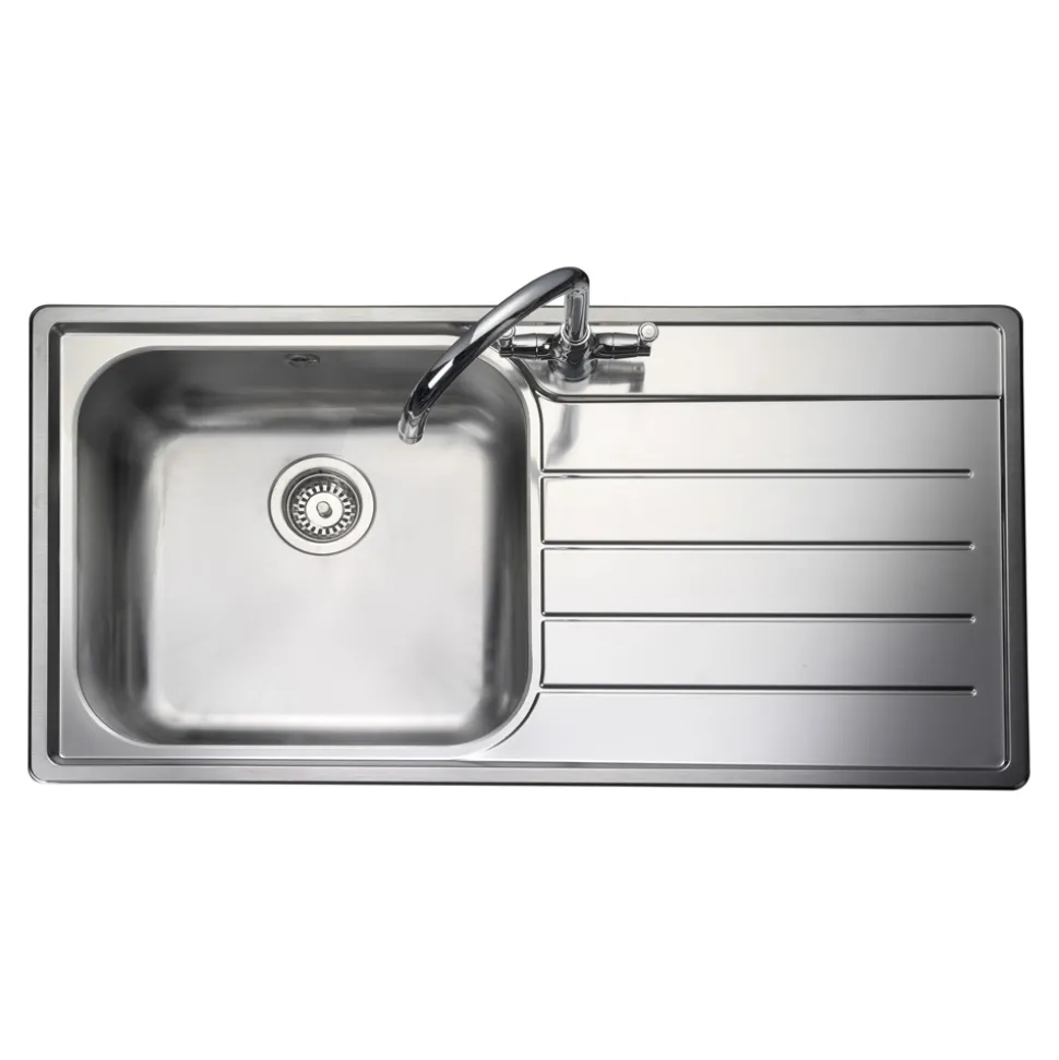 Rangemaster Oakland 1 Bowl Brushed Stainless Steel Sink & Waste Kit with Right Hand Drainer - 985 x 508mm