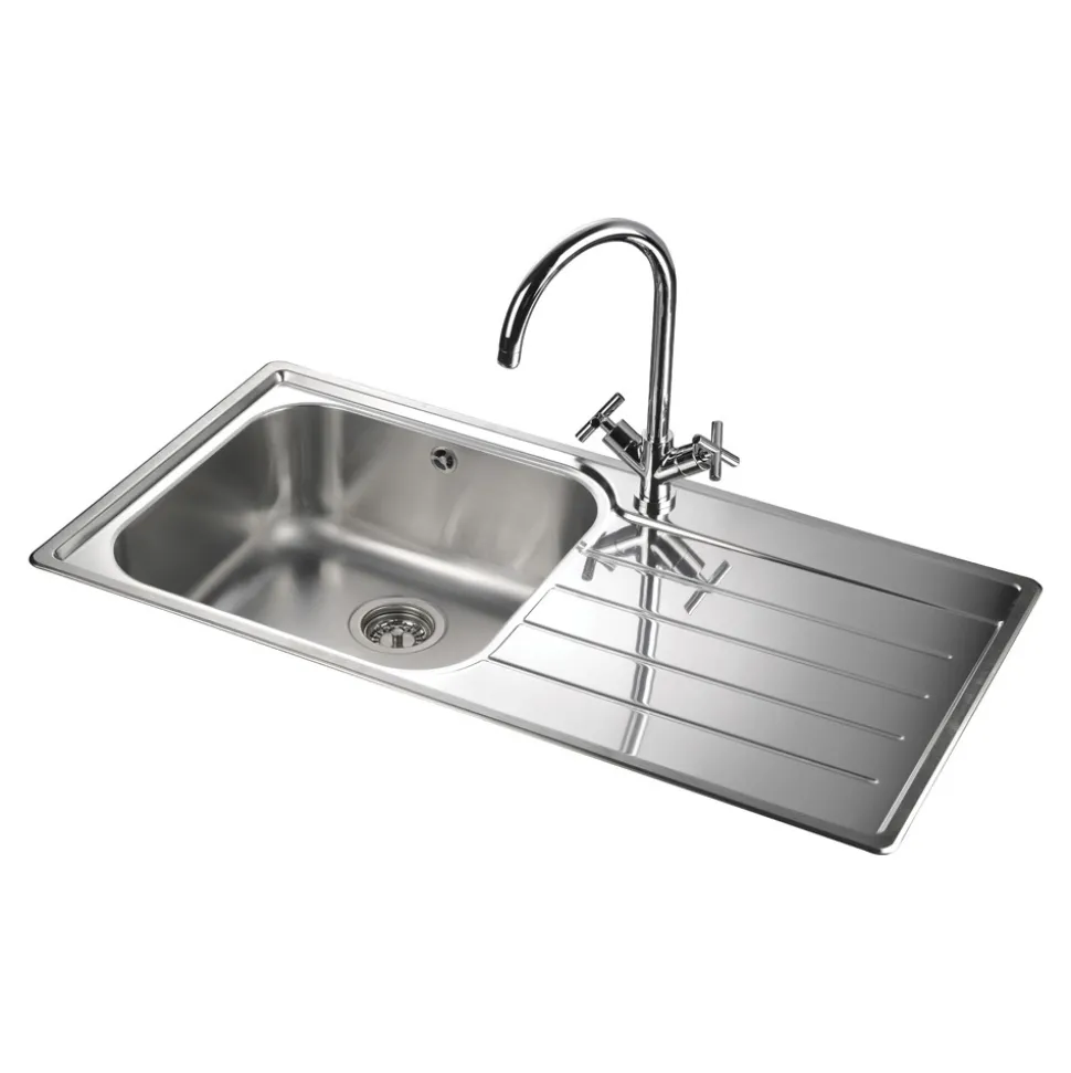 Rangemaster Oakland 1 Bowl Brushed Stainless Steel Sink & Waste Kit with Right Hand Drainer - 985 x 508mm