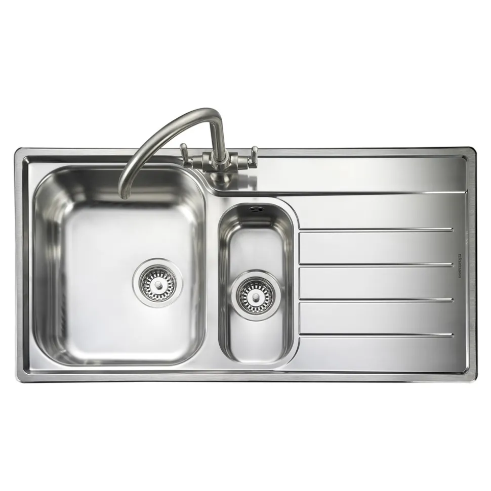 Rangemaster Oakland 1.5 Bowl Brushed Stainless Steel Sink & Waste Kit with Right Hand Drainer - 985 x 508mm