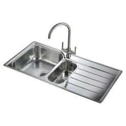 Rangemaster Oakland 1.5 Bowl Brushed Stainless Steel Sink & Waste Kit with Right Hand Drainer - 985 x 508mm