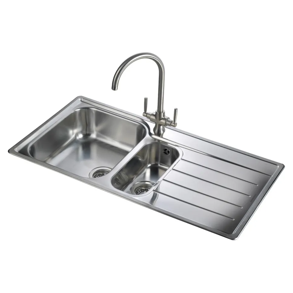 Rangemaster Oakland 1.5 Bowl Brushed Stainless Steel Sink & Waste Kit with Right Hand Drainer - 985 x 508mm