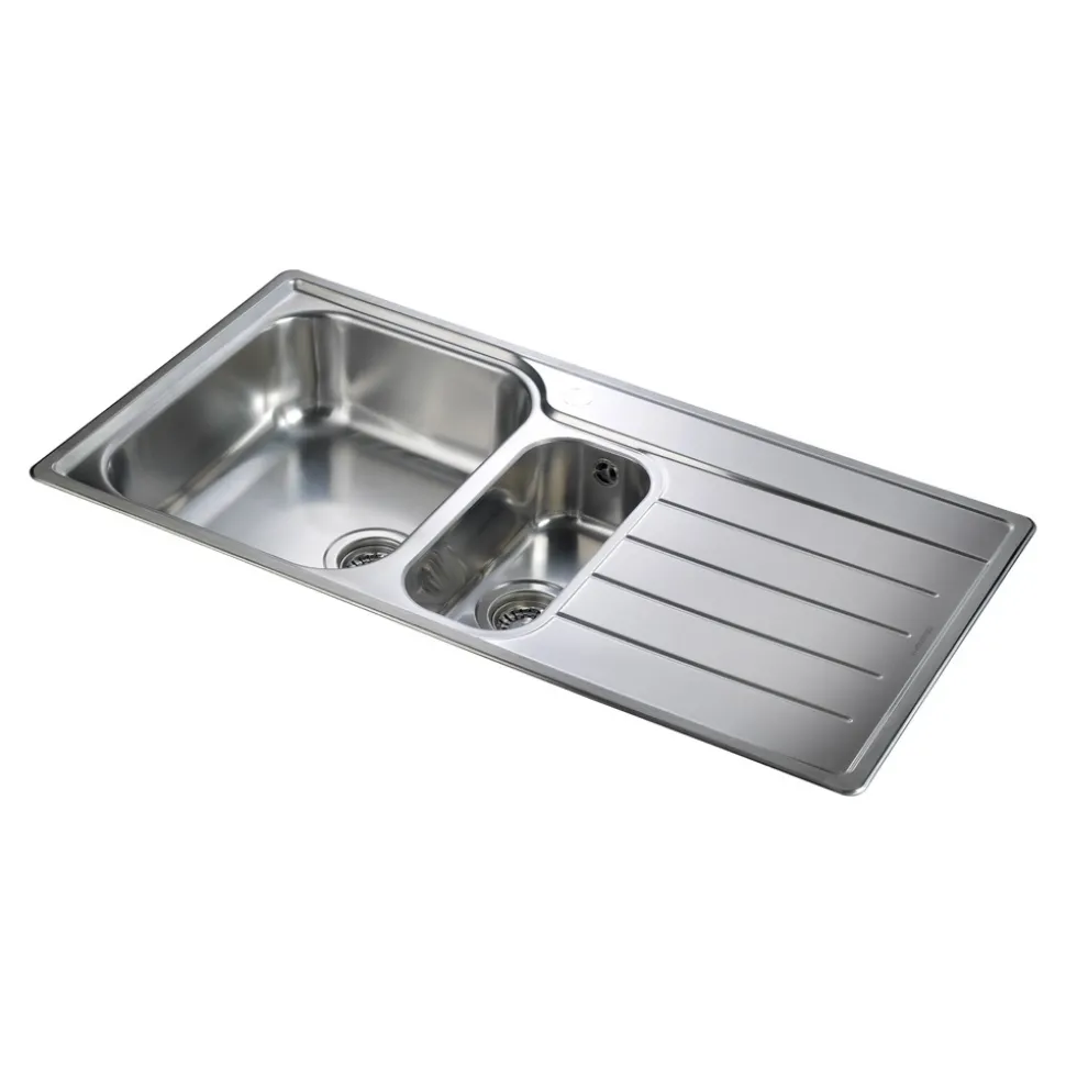 Rangemaster Oakland 1.5 Bowl Brushed Stainless Steel Sink & Waste Kit with Right Hand Drainer - 985 x 508mm