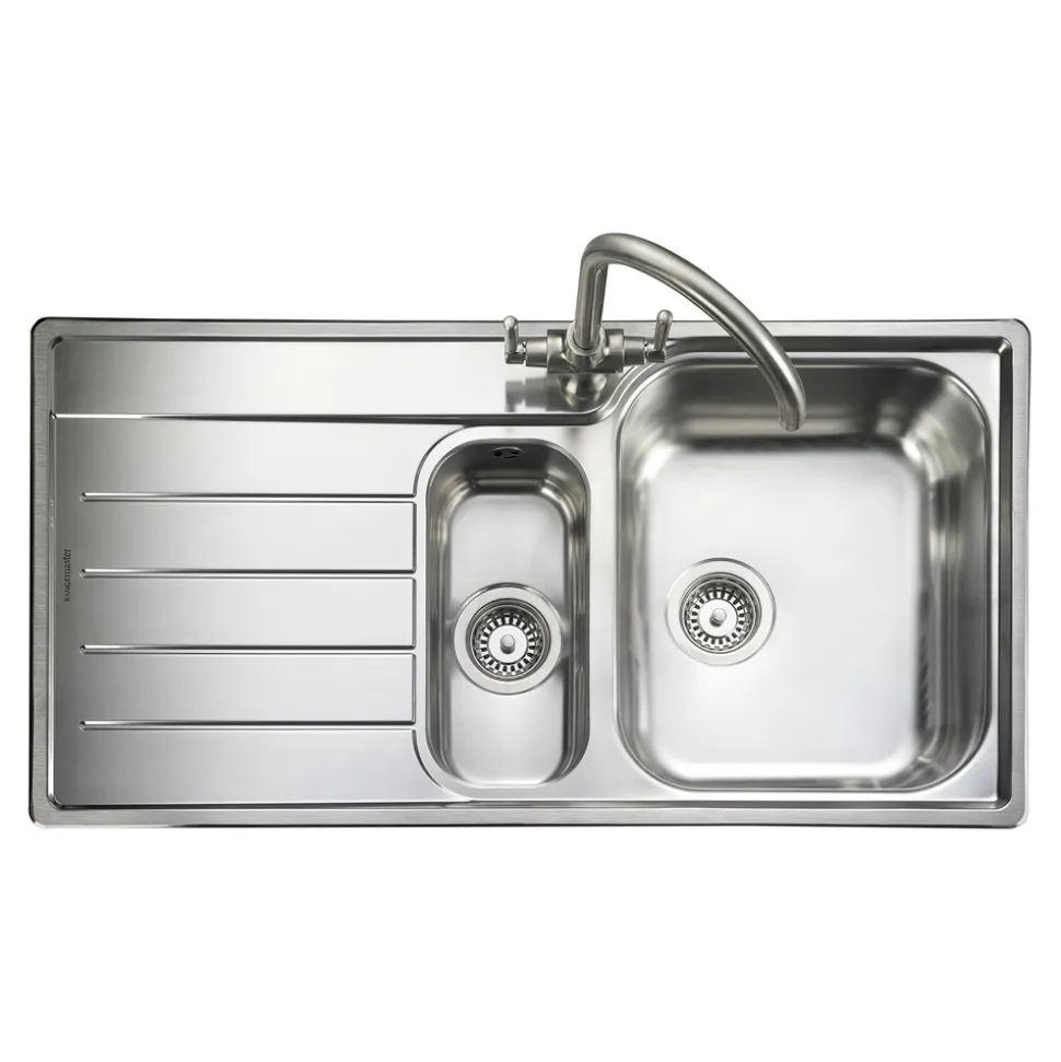 Rangemaster Oakland 1.5 Bowl Brushed Stainless Steel Sink & Waste Kit with Left Hand Drainer - 985 x 508mm