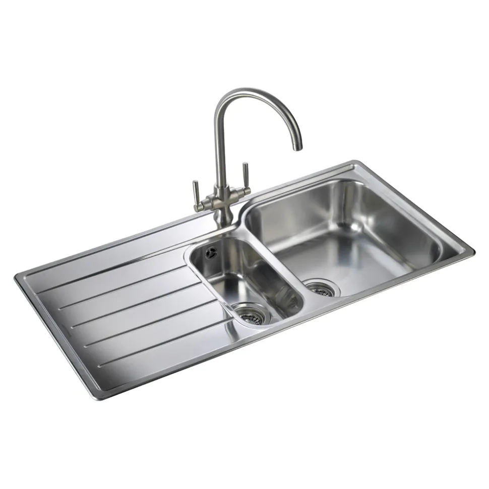 Rangemaster Oakland 1.5 Bowl Brushed Stainless Steel Sink & Waste Kit with Left Hand Drainer - 985 x 508mm