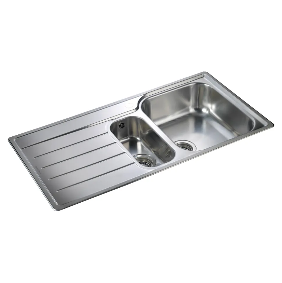 Rangemaster Oakland 1.5 Bowl Brushed Stainless Steel Sink & Waste Kit with Left Hand Drainer - 985 x 508mm