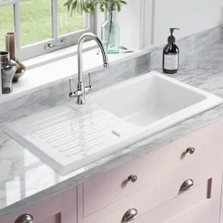 Rangemaster Rustic 1 Bowl White Ceramic Sink & Waste Kit with Reversible Drainer - 1000 x 500mm