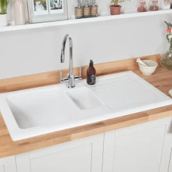 Rangemaster Rustic 1.5 Bowl White Ceramic Sink & Waste Kit with Reversible Drainer - 1000 x 500mm