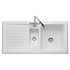 Rangemaster Rustic 1.5 Bowl White Ceramic Sink & Waste Kit with Reversible Drainer - 1000 x 500mm