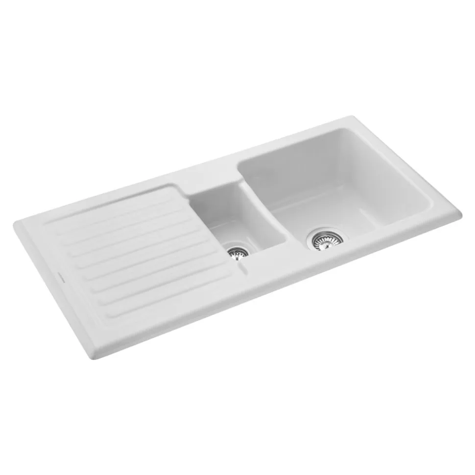 Rangemaster Rustic 1.5 Bowl White Ceramic Sink & Waste Kit with Reversible Drainer - 1000 x 500mm