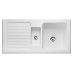 Rangemaster Rustic 1.5 Bowl White Ceramic Sink & Waste Kit with Reversible Drainer - 1000 x 500mm