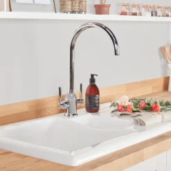 Rangemaster Rustic 1.5 Bowl White Ceramic Sink & Waste Kit with Reversible Drainer - 1000 x 500mm
