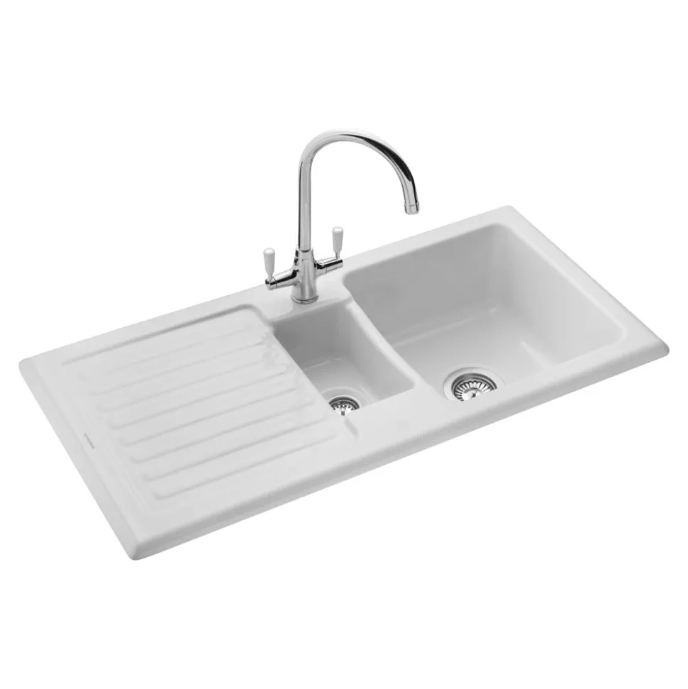 Rangemaster Rustic 1.5 Bowl White Ceramic Sink & Waste Kit with Reversible Drainer - 1000 x 500mm