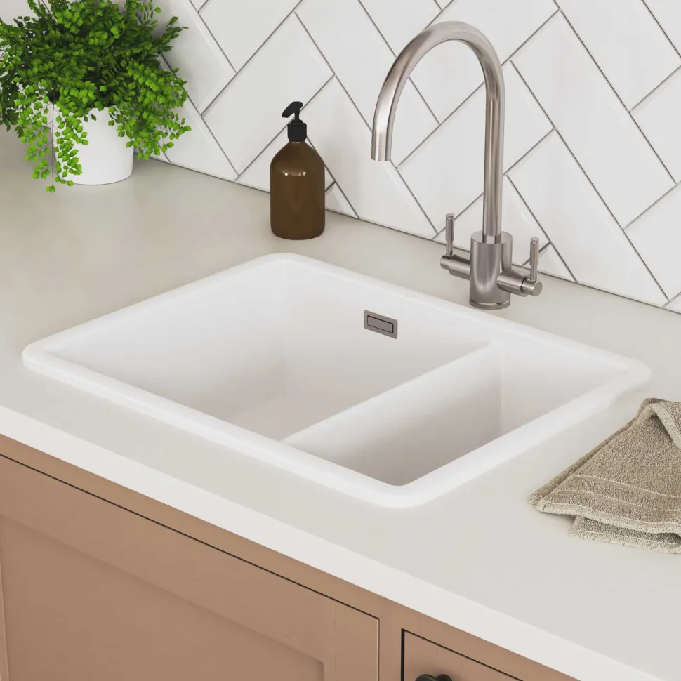 Rangemaster Rustique 1.5 Bowl Ceramic Undermount / Inset Kitchen Sink & Waste Kit - 557 x 430 mm