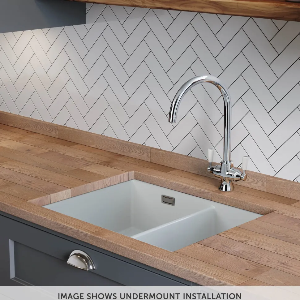 Rangemaster Rustique 1.5 Bowl Ceramic Undermount / Inset Kitchen Sink & Waste Kit - 595 x 460mm
