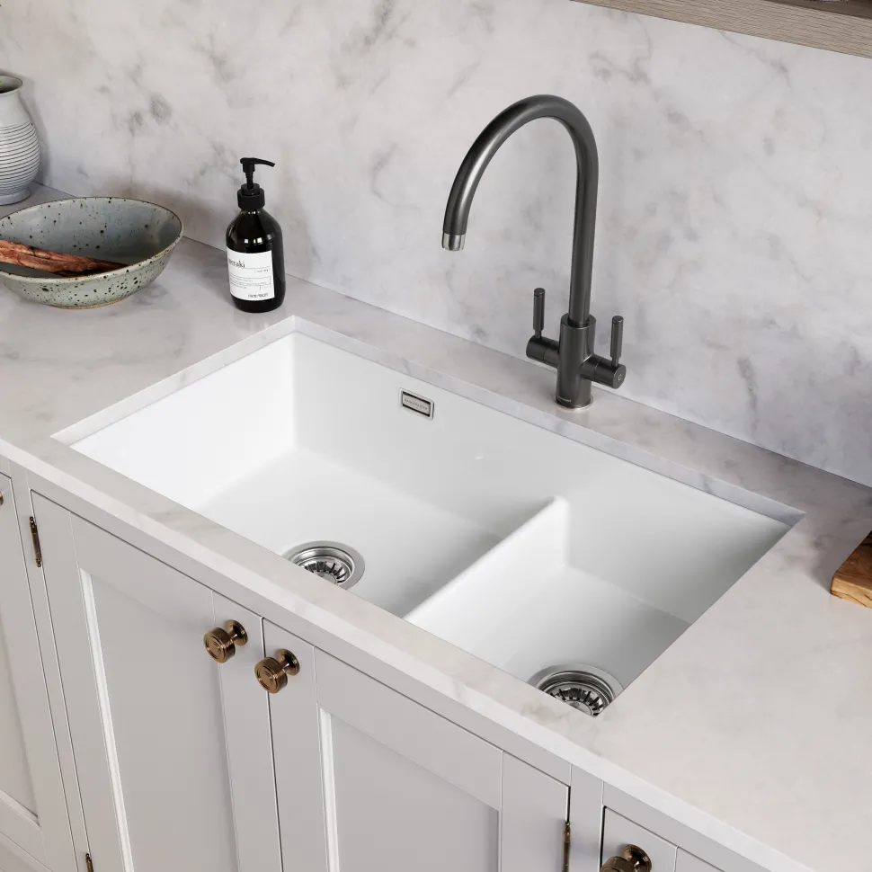 Rangemaster Rustique 2 Bowl Inset/Undermount Fireclay White Ceramic Kitchen Sink & Waste Kit - 796 x 462mm