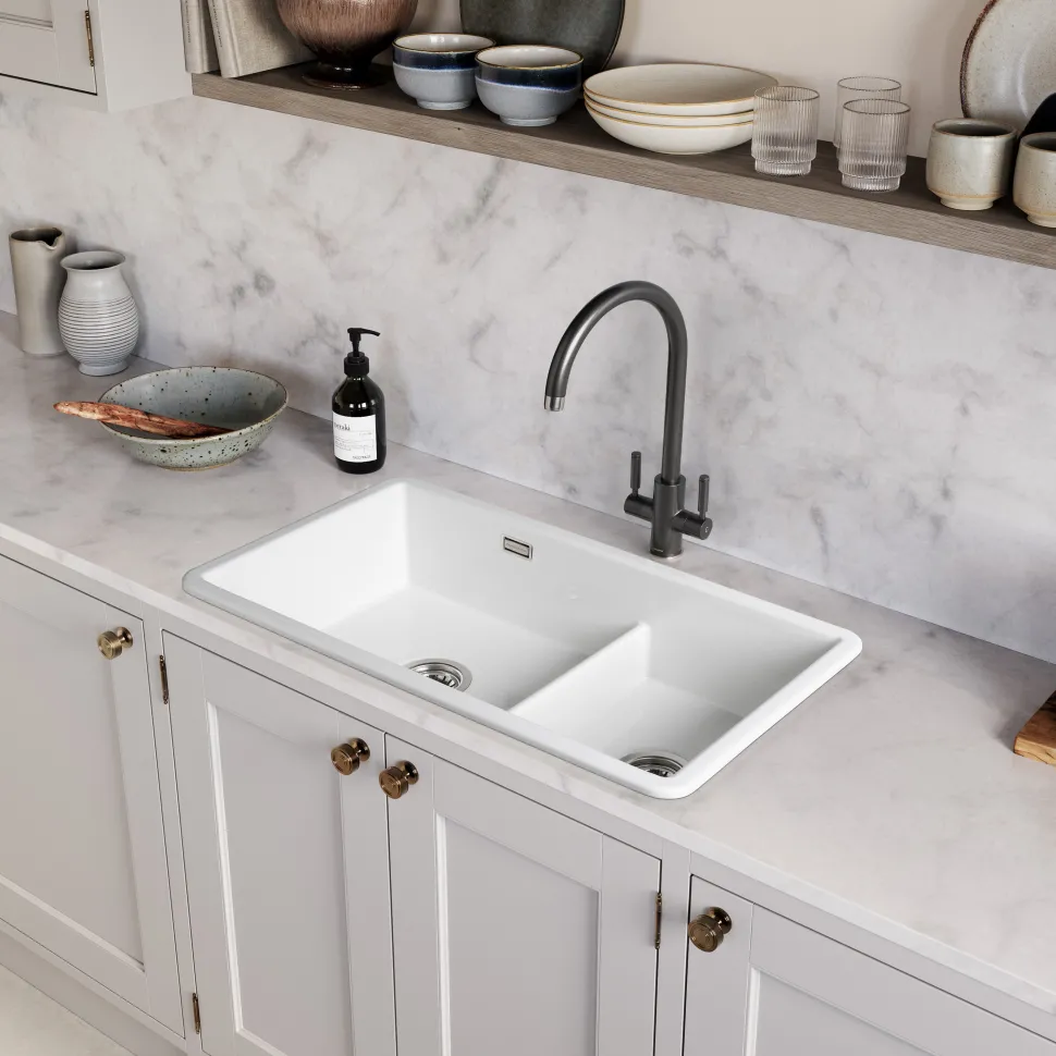 Rangemaster Rustique 2 Bowl Inset/Undermount Fireclay White Ceramic Kitchen Sink & Waste Kit - 796 x 462mm