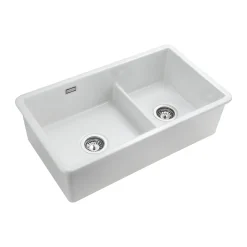 Rangemaster Rustique 2 Bowl Inset/Undermount Fireclay White Ceramic Kitchen Sink & Waste Kit - 796 x 462mm