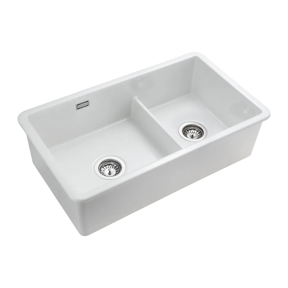 Rangemaster Rustique 2 Bowl Inset/Undermount Fireclay White Ceramic Kitchen Sink & Waste Kit - 796 x 462mm