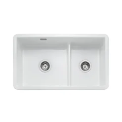 Rangemaster Rustique 2 Bowl Inset/Undermount Fireclay White Ceramic Kitchen Sink & Waste Kit - 796 x 462mm