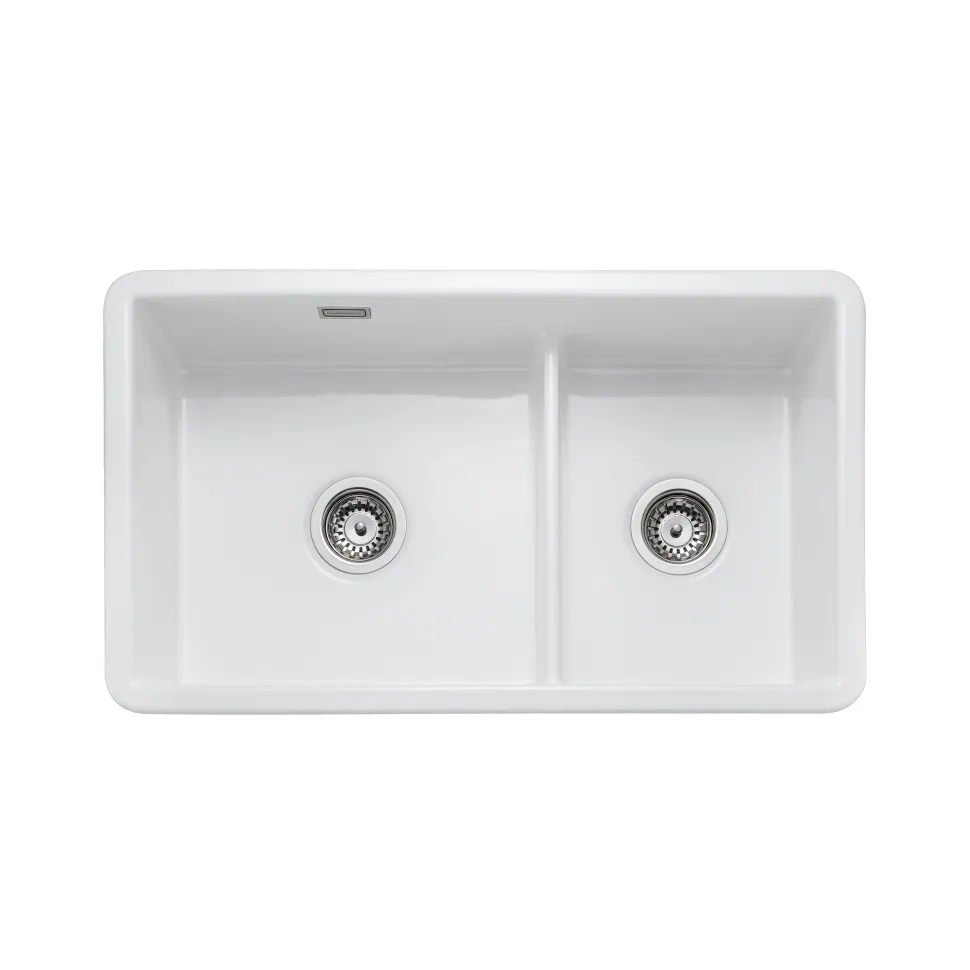Rangemaster Rustique 2 Bowl Inset/Undermount Fireclay White Ceramic Kitchen Sink & Waste Kit - 796 x 462mm