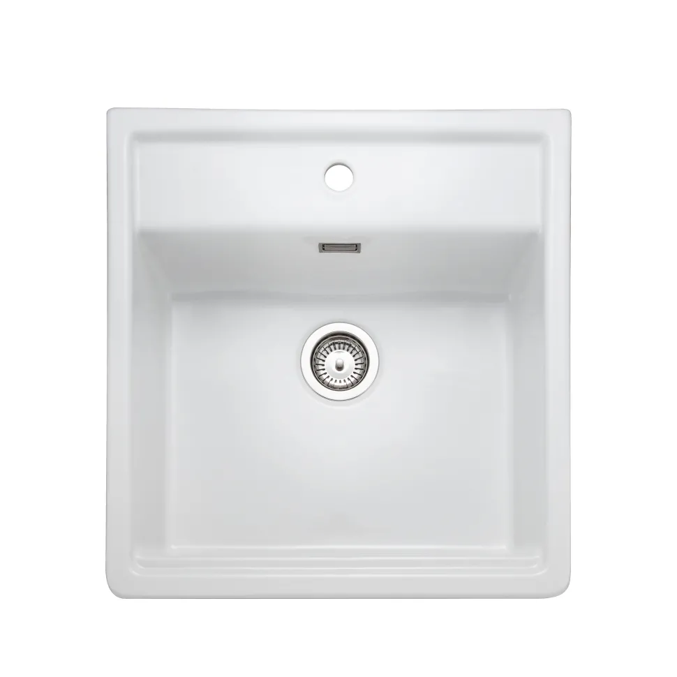 Rangemaster Sandwood 1 Bowl White Fireclay Ceramic Sit-On Belfast Sink With Tap Ledge & Waste Kit - 597 x 630mm