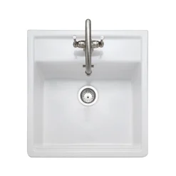 Rangemaster Sandwood 1 Bowl White Fireclay Ceramic Sit-On Belfast Sink With Tap Ledge & Waste Kit - 597 x 630mm